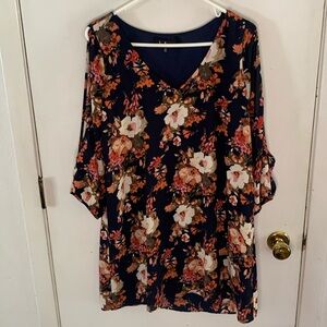 Lulu's navy dress with orange pink floral and split long sleeves Size Medium